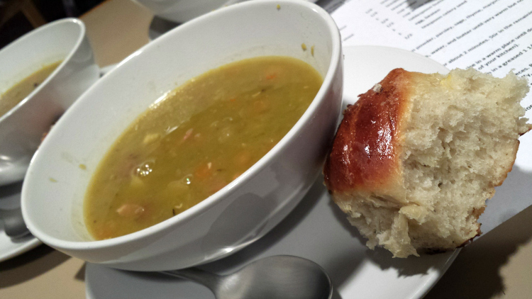 split pea soup and roll